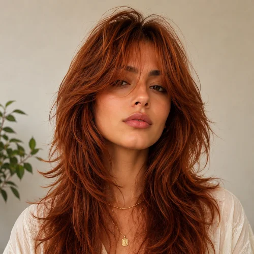 Long copper wolf haircut with layered auburn hair and curtain bangs