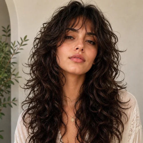 Long curly wolf cut with voluminous layered curls and wispy bangs