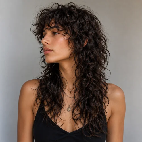 Long curly wolf cut with layered dark curls