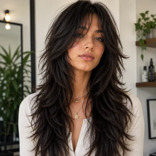 Woman with a long heavily layered wolf cut featuring textured layers and natural volume

