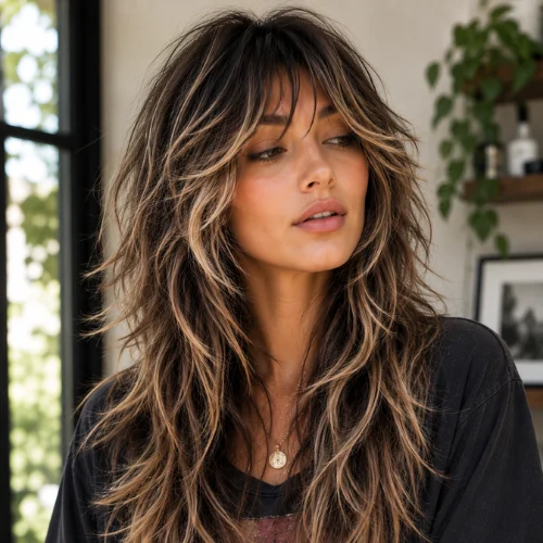 Woman with a long shaggy wolf cut featuring blonde streaks and textured layered hair
