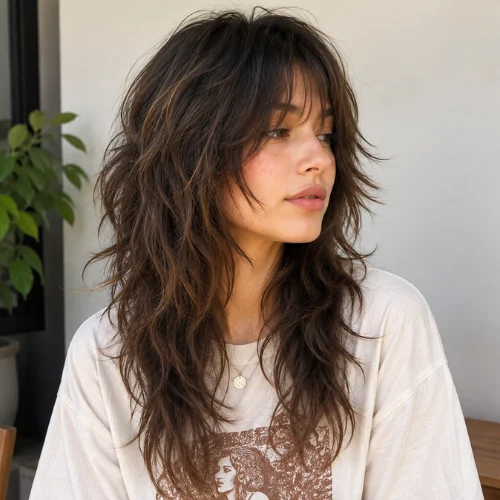 Woman with a long shaggy wolf cut featuring textured layers and natural volume