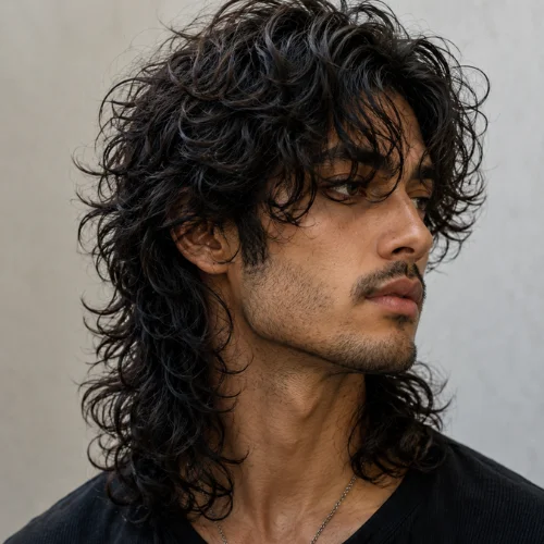 Long wolf cut curly hair for men with layered curls