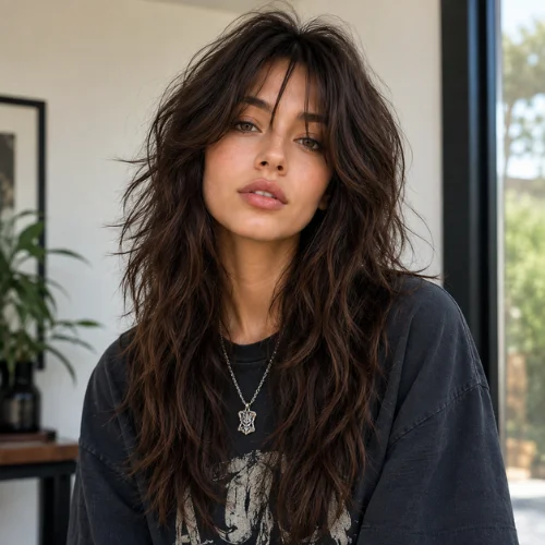 Long wolf cut hairstyle with textured layers and natural volume on a woman