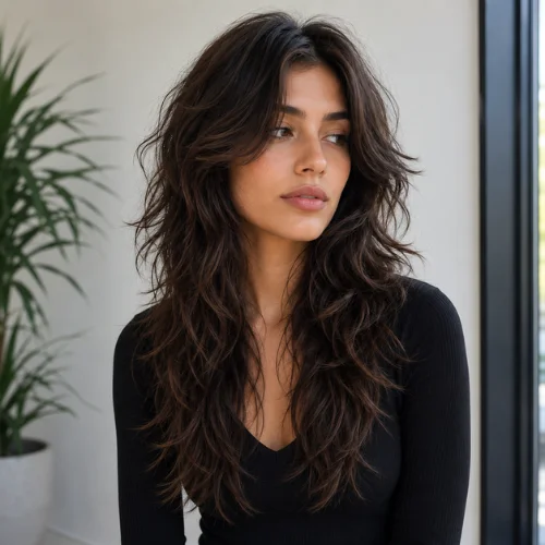 Woman with a long wolf cut without bangs featuring soft layered hair and natural volume