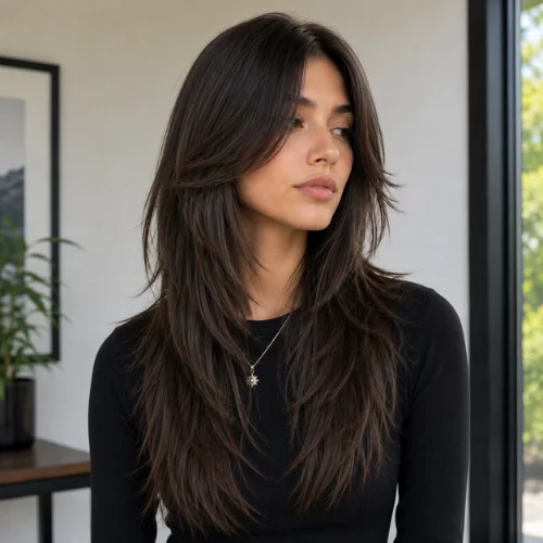Woman with a long wolf cut on straight hair featuring soft layered texture and natural shine