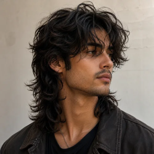 Long wolf cut on wavy hair for men