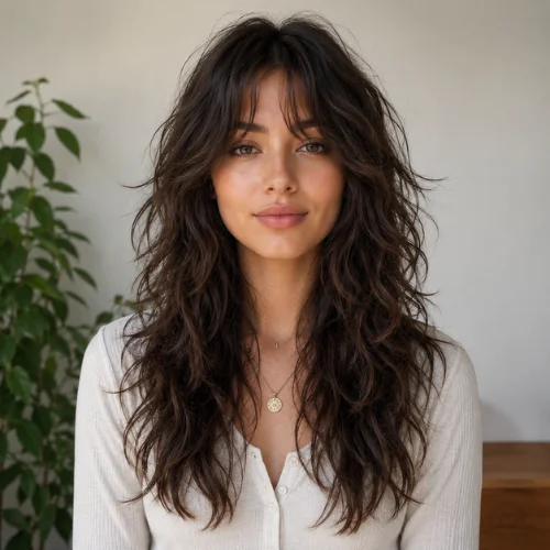 Woman with a long wavy curly wolf cut featuring layered texture and natural volume