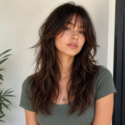 Woman with a long wolf cut featuring textured layers and soft bangs