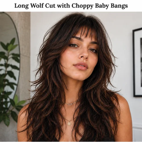 Long wolf cut with choppy baby bangs and layered hair
