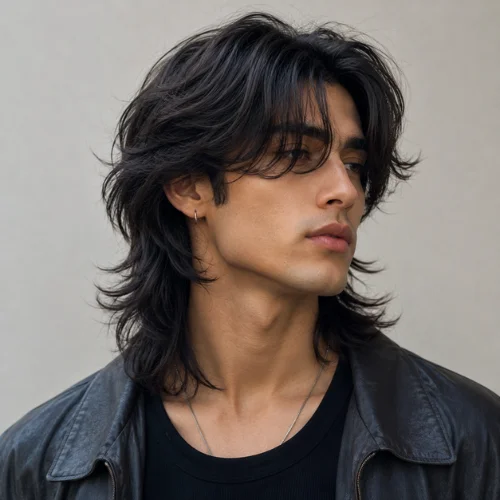 Long wolf cut with curtain bangs for men