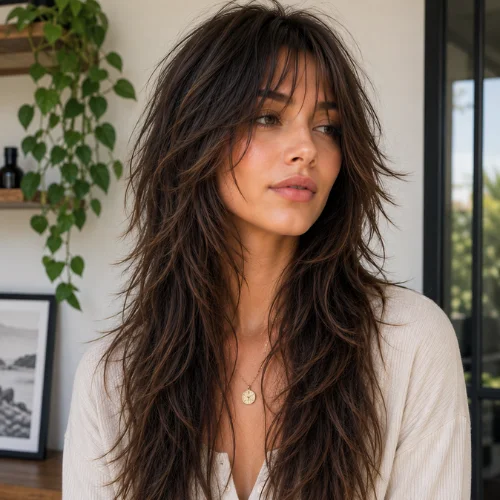 Woman with a long wolf cut featuring wispy layers and soft face-framing texture