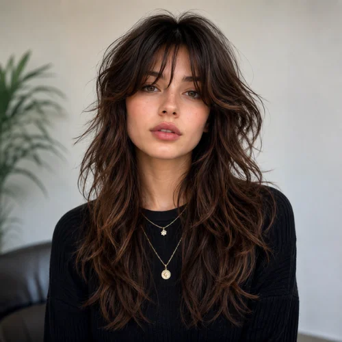Woman with a long wolf cut hairstyle featuring layered hair and wispy bangs