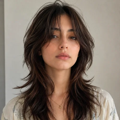 Medium long wolf cut with layered hair and curtain bangs