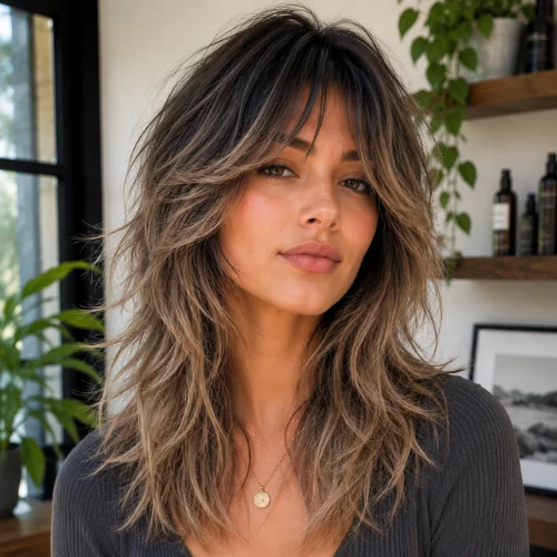 Woman with a mid-length wolf cut featuring shadow roots and textured layered hair