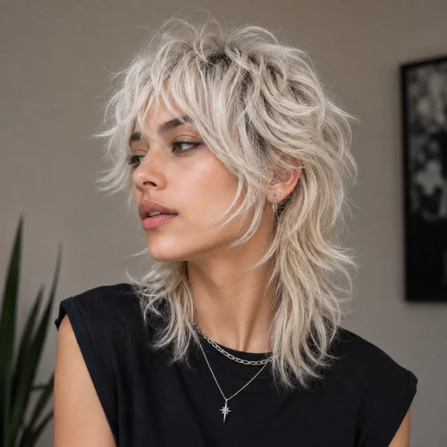 Platinum wolf cut with choppy layers and face-framing pieces