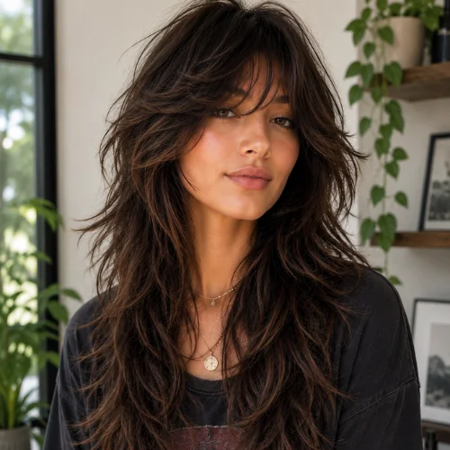 Woman with a shaggy wolf cut featuring swooping bangs and textured layered hair