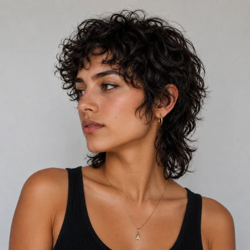 Short curly wolf cut women with layered natural curls