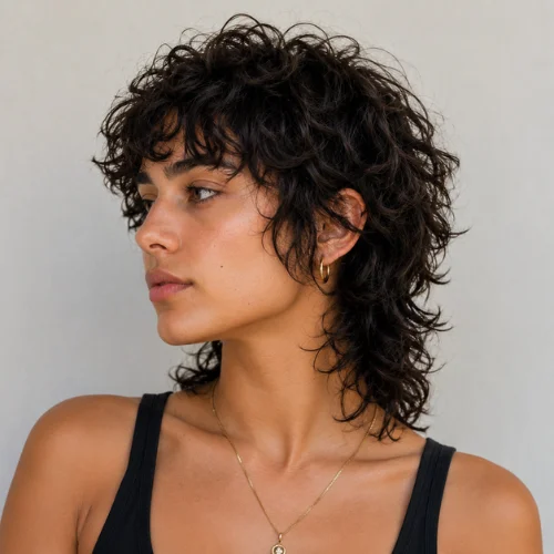 Short curly wolf cut women with layered natural curls