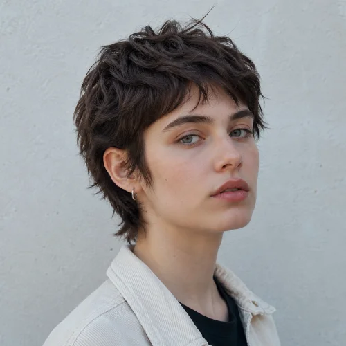 A natural-looking European woman with a short pixie wolf cut featuring textured layers, soft volume, and a modern feminine style.