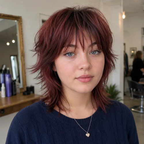 Short razor wolf cut with textured razor-cut layers and auburn hair