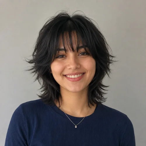 Short shaggy wolf cut with soft textured layers and wispy bangs