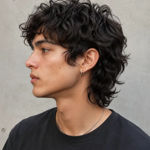 A natural-looking male model with a short curly wolf cut hairstyle featuring defined curls, textured layers, and effortless volume.