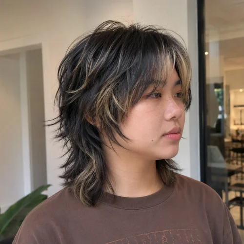 Short wolf cut dyed hair with ash blonde highlights and textured layers