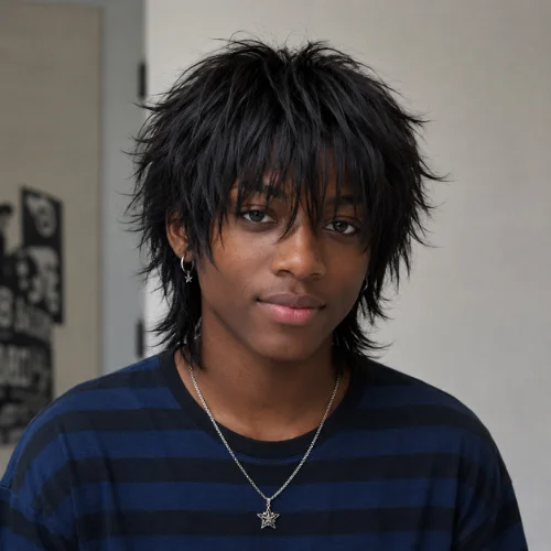 Black man with a short emo wolf cut featuring textured layers and long fringe