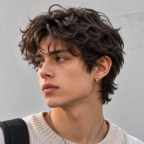 A stylish young man with a short wolf cut hairstyle featuring textured layers, natural volume, and a modern masculine look.