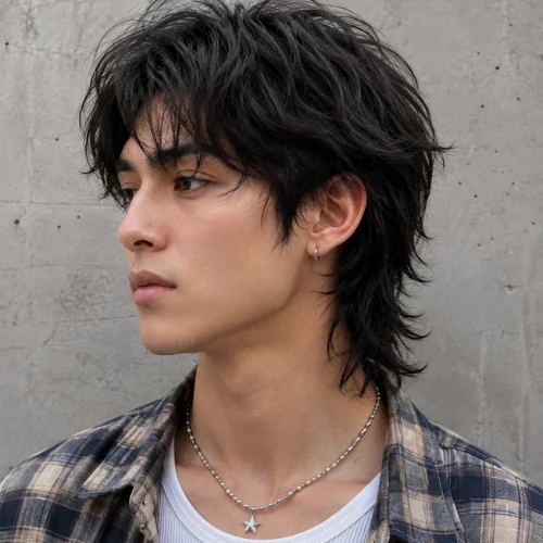 A realistic male model with a short wolf cut mullet hairstyle featuring textured layers, natural volume, and a modern masculine look.