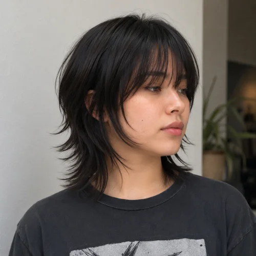 Short wolf cut for straight hair with soft textured layers and wispy bangs