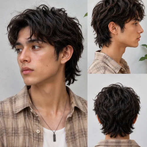 A stylish male model with a short wavy wolf cut hairstyle featuring textured layers, natural waves, and a modern, effortless look.
