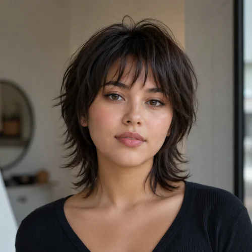 Short wolf cut with layers featuring textured hair and soft feathered ends
