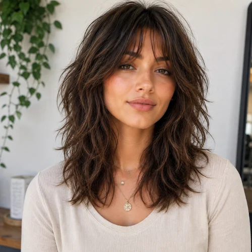 Woman with a shoulder length cut featuring shaggy layers and soft textured volume