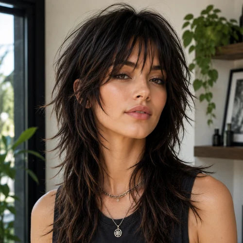 Woman with a shullet wolf cut featuring shaggy mullet-inspired layers and soft texture