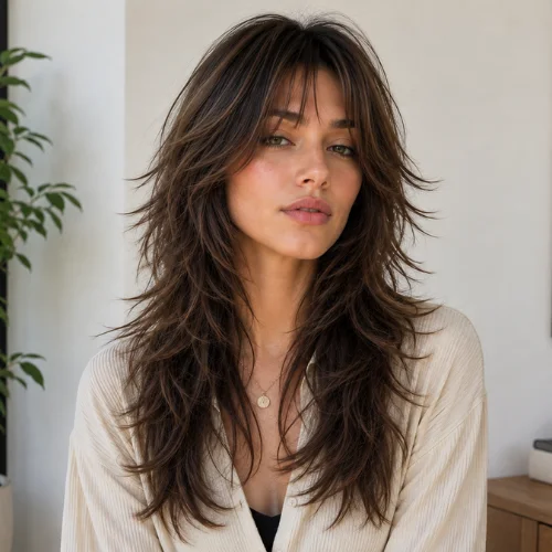 Woman with a sophisticated wolf cut featuring shaggy layered hair and soft volume
