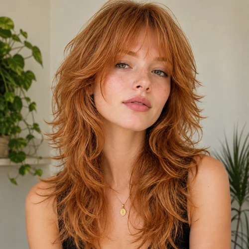 Strawberry blonde wolfy cut with layered hair and feathered ends