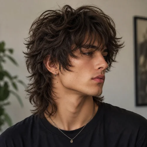 A handsome man with a stunning brunette wolf haircut featuring textured layers, natural volume, and a modern medium-length hairstyle.