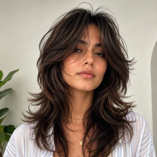 Voluminous wolf haircut with layered hair and curtain bangs
