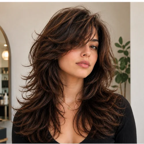 Woman with a volumized wolf cut featuring side bangs and layered textured hair