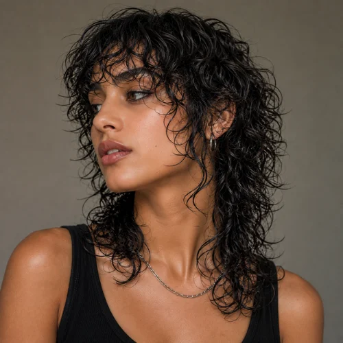 Wet look wolf curl with glossy layered curls