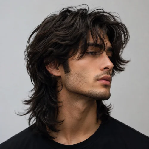 Long wolf cut hairstyle for men with layered long hair
