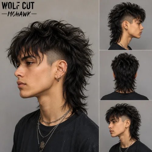Wolf cut mohawk with shaved sides and textured layers