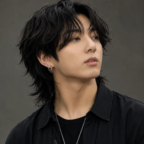 Jungkook wolf cut hairstyle with layered black hair