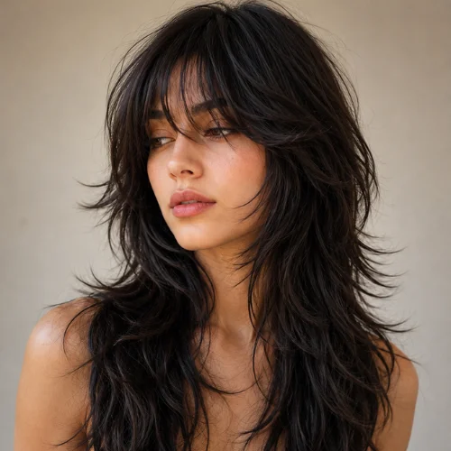 Long wolf cut hairstyle with layered dark hair