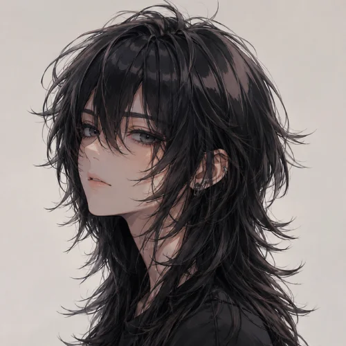 Wolf cut hairstyle anime with layered black hair