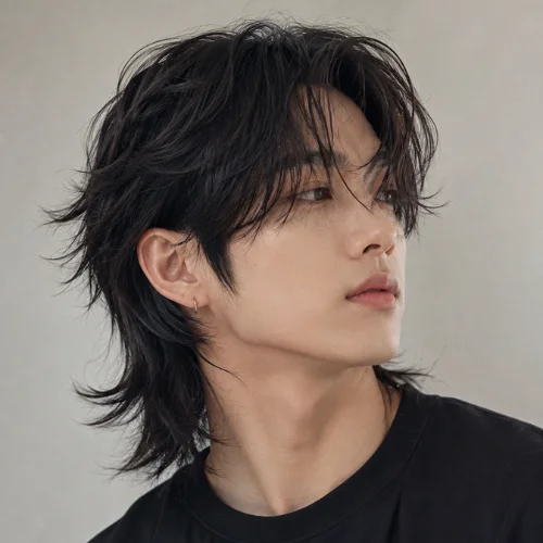 Korean wolf cut hairstyle with layered black hair