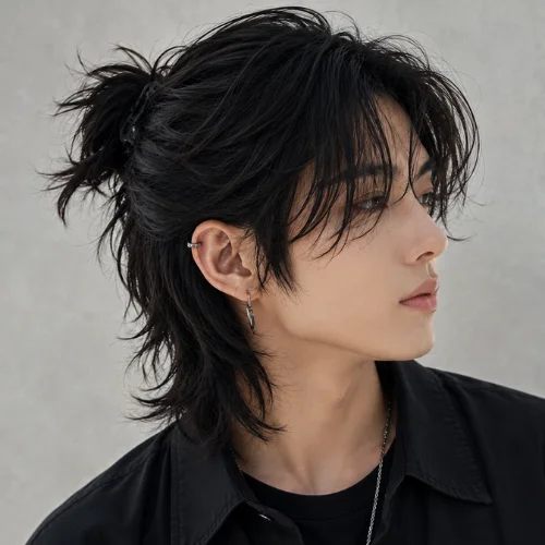 Wolf cut hairstyle tied up in a messy bun