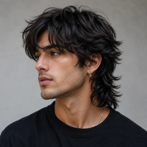 Wolf cut hairstyle for men with layered wavy hair
